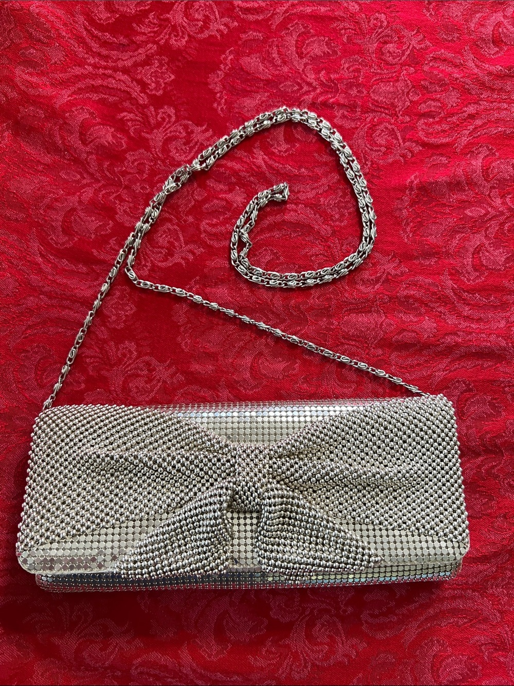 Silver Bow Clutch Evening Bag with Chain Strap Formal Wedding Prom Purse